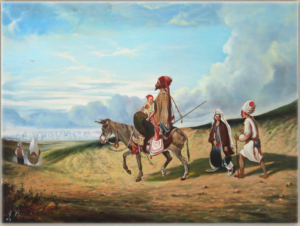نقاشی رنگ روغن سوارکاران و رهگذران در جادهٔ کوهستانی، اثر جواد زلفی